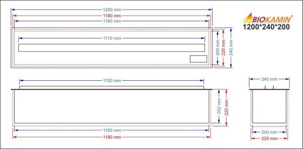 Kominek parowy 1200 3D głębokość 240 mm 1 kolor