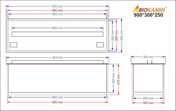 Kominek parowy 900 3D głębokość 300 mm 1 kolor