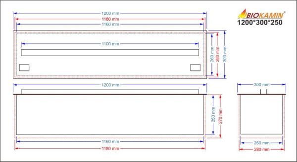 Kominek parowy 1200 3D głębokość 300 mm 1 kolor