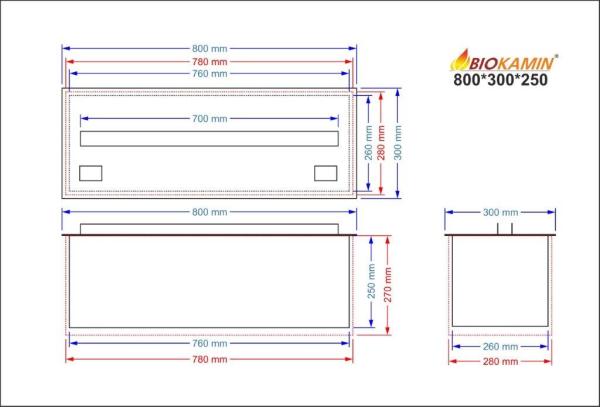 Kominek parowy 800 3D głębokość 300 mm 1 kolor