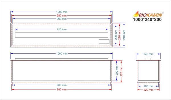 Kominek parowy 1000 3D głębokość 240 mm 1 kolor